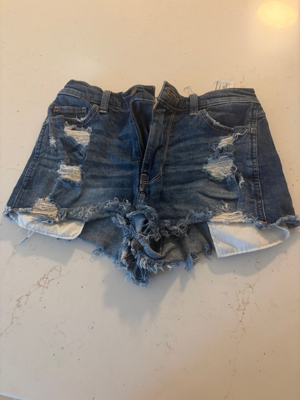 Hollister Frayed Ripped Denim Shorts - Medium Blue